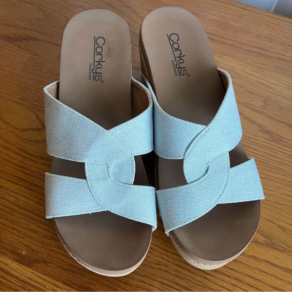 Corkys Bonnie Studded Wedge Sandal Light Blue Denim Size 9 - Picture 8 of 15